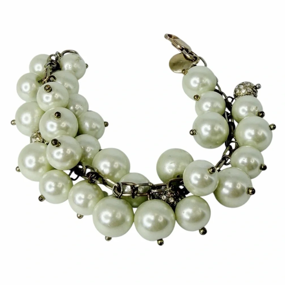 J Crew Faux Pearl and Rhinestone Cluster Dangle Bracelet 8 Inch w Dust Bag